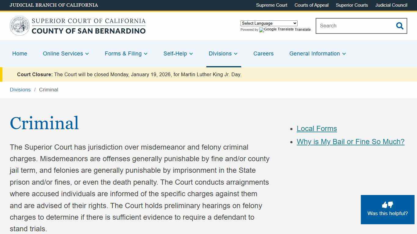 Criminal | Superior Court of California | County of San Bernardino