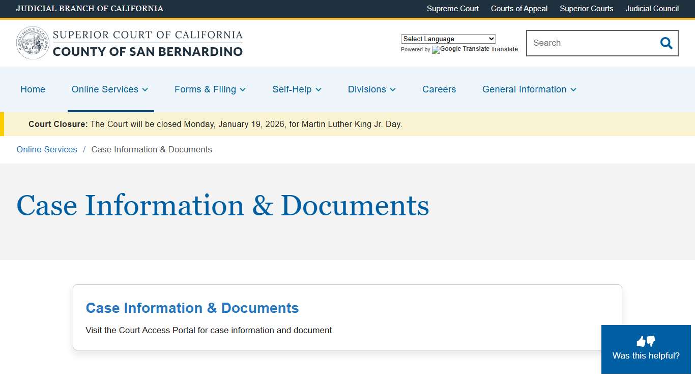 Case Information & Documents | Superior Court of California | County of San Bernardino